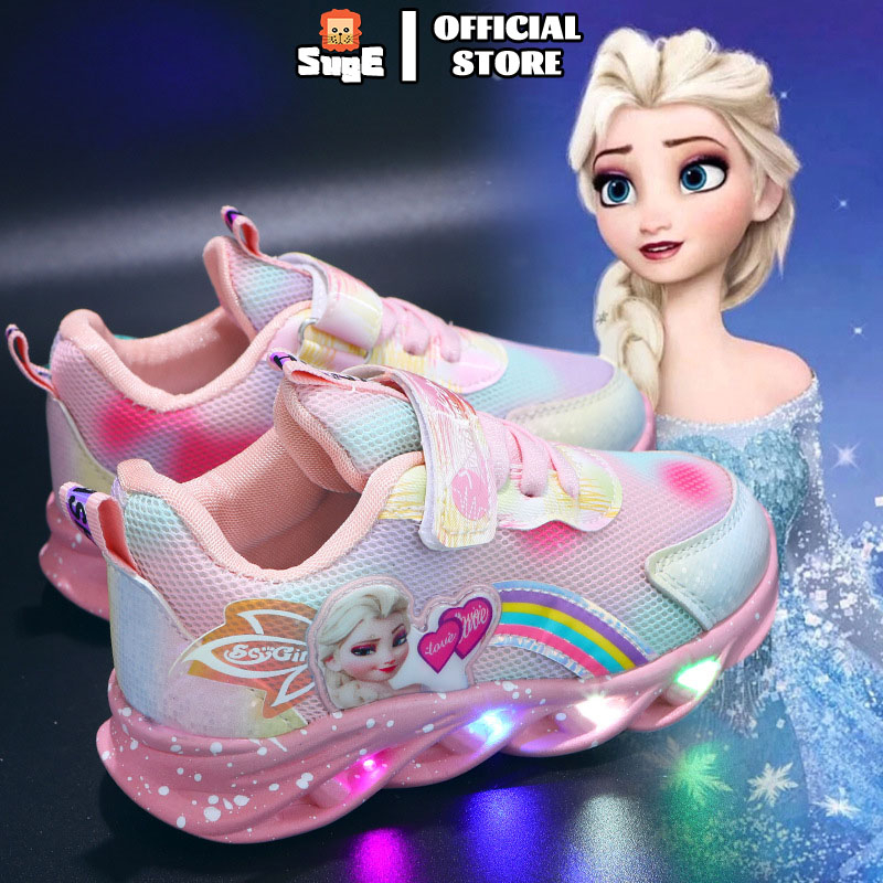 SUGE New Cartoon Girls Princess Kids Shoes LED Running Frozen Children Sneakers for Girls Fashion Elsa