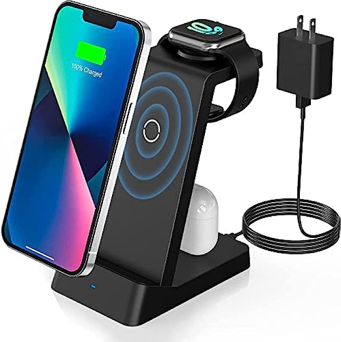 Wireless Charging Station, 18W Fast Wireless Charger Compatible with iPhone 13/12/11/Pro/SE/XS/XR/X/8 Plus/8, 3 in 1 Wireless Charging Dock Stand for Apple Watch Series &amp; Airpods (with Adapter)